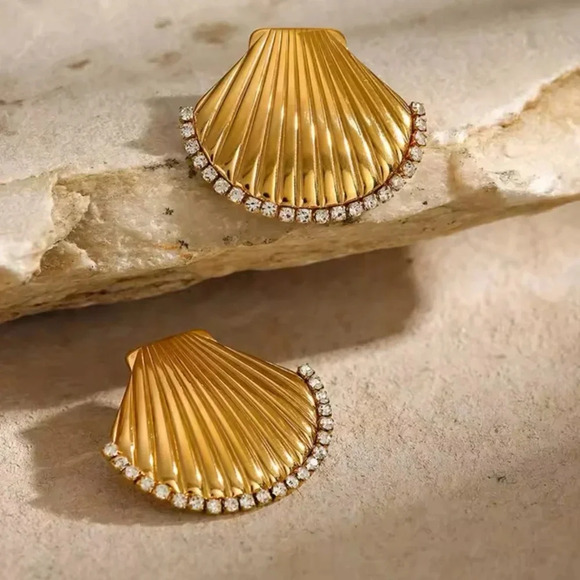 Seashell 18K Gold Stainless Steel Waterproof Crystal Earrings - Picture 8 of 13